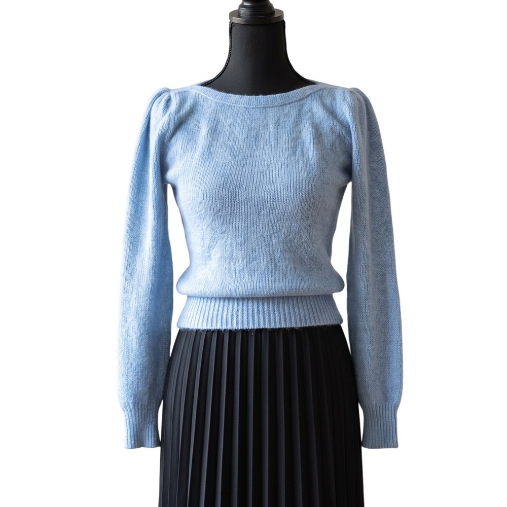 Vintage CRAZY HORSE Silk Angora Puff Shoulder Sweater 80s Baby Blue Coquette